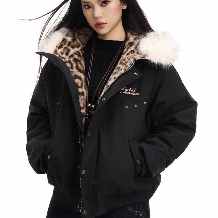 美式复古豹纹连帽夹棉外套
