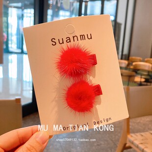 木马天空儿童发饰新年喜庆红色毛球发夹全包布宝宝刘海夹女童头饰