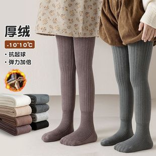 女童秋冬连裤袜冬季针织连袜连脚儿童加绒加厚羊羔绒条纹打底裤