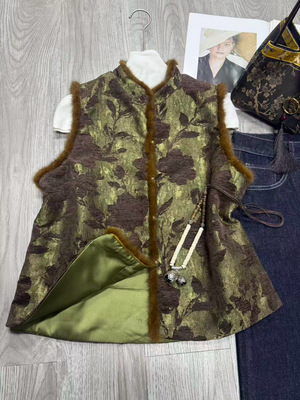 雪尔尼交织的花卉提花香云纱马甲新中式国风复古提花上衣人丝马甲