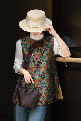 国风中长马甲A版新款无袖马夹斜襟盘扣提花织锦上衣马甲