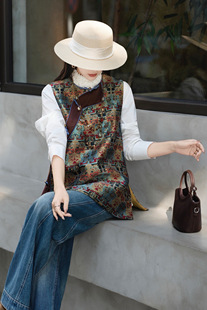 国风中长马甲A版新款无袖马夹斜襟盘扣提花织锦上衣马甲