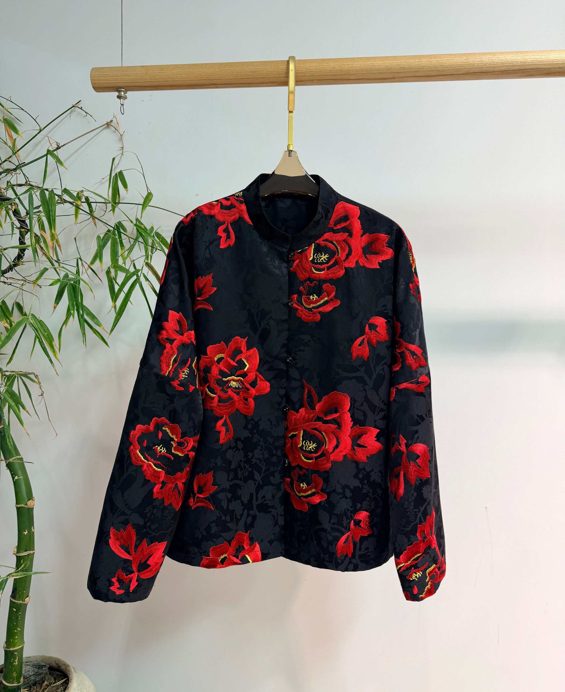 提花重工满绣欧货女装立体花朵宽松棉质衬衫新中式国风立领上衣女