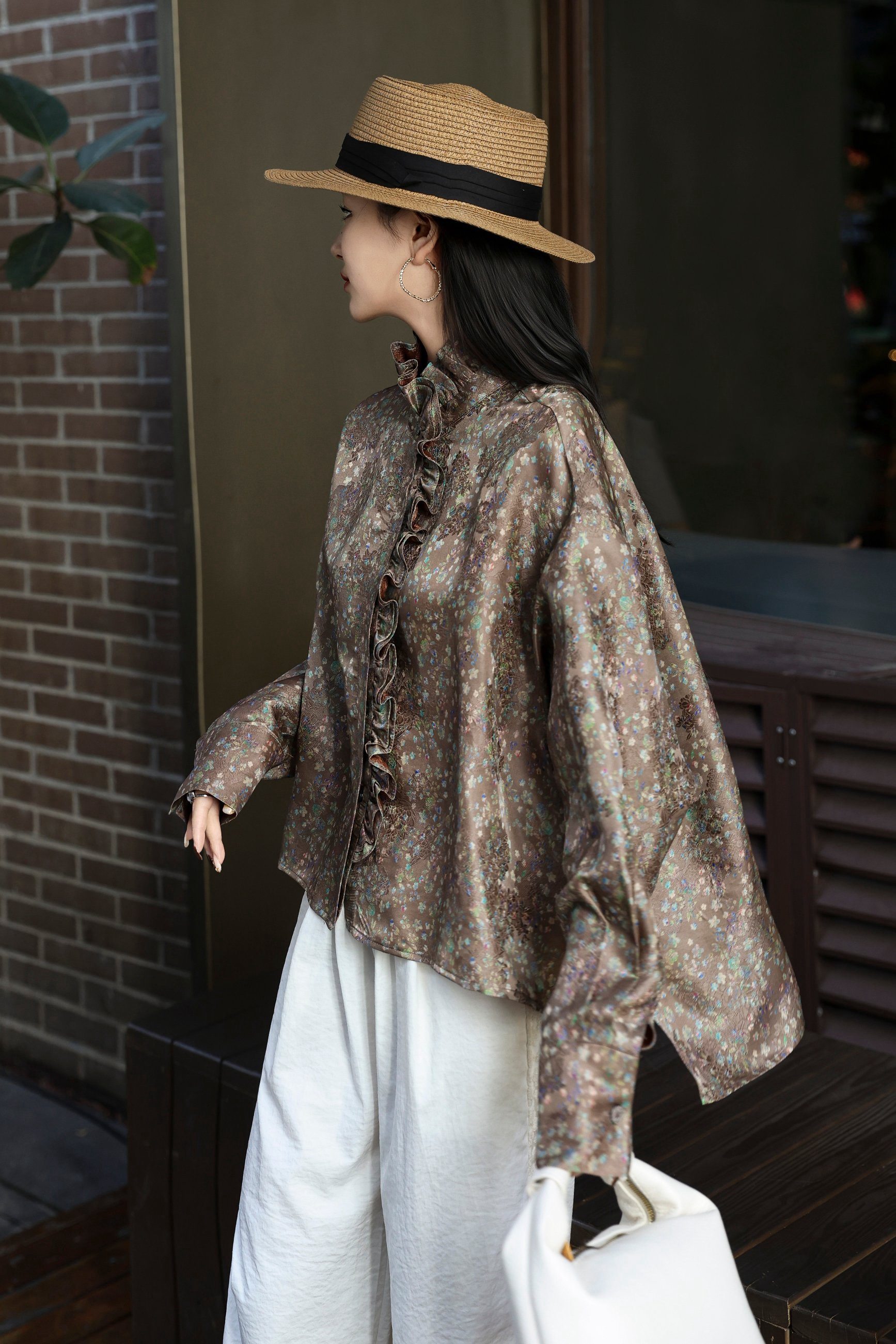 真丝香云纱法式木耳边碎花衬衫新中式国风圆领盘扣气质百搭上衣女