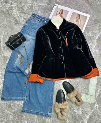 真丝丝绒双面穿棉服外套新中式国风复古提花上衣人丝香云纱外套女