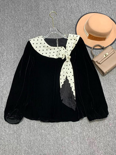 洋气百搭小衫 新款 女士上衣 春装 真丝丝绒拼接醋酸波点飘带衬衫