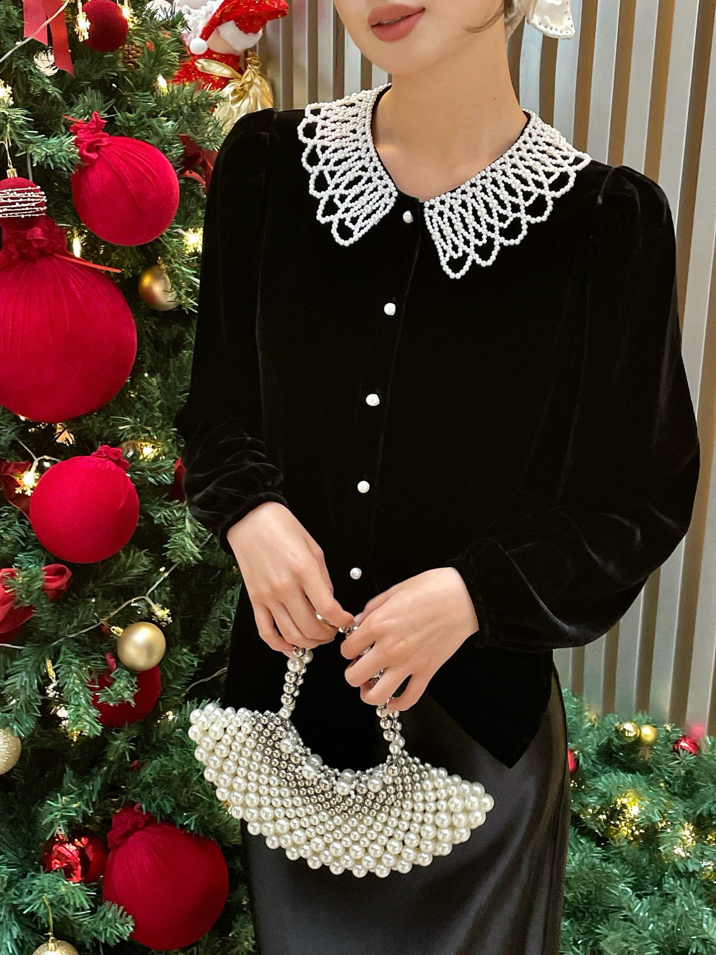 真丝丝绒精致珍珠领上衣钉珠领口衬衫新中式国风新款丝绒衬衫上衣