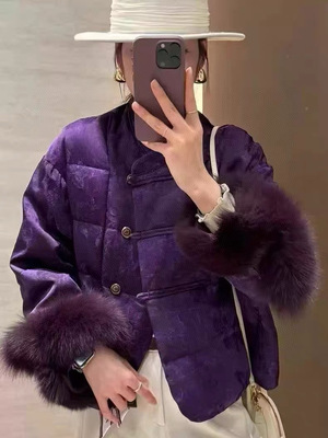 香云纱拼狐狸毛鹅绒服棉服新中式国风复古提花上衣人丝香云纱外套