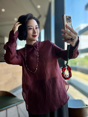 新中式天丝打底衬衫新中式国风复古中式立领长袖高级感人丝上衣女