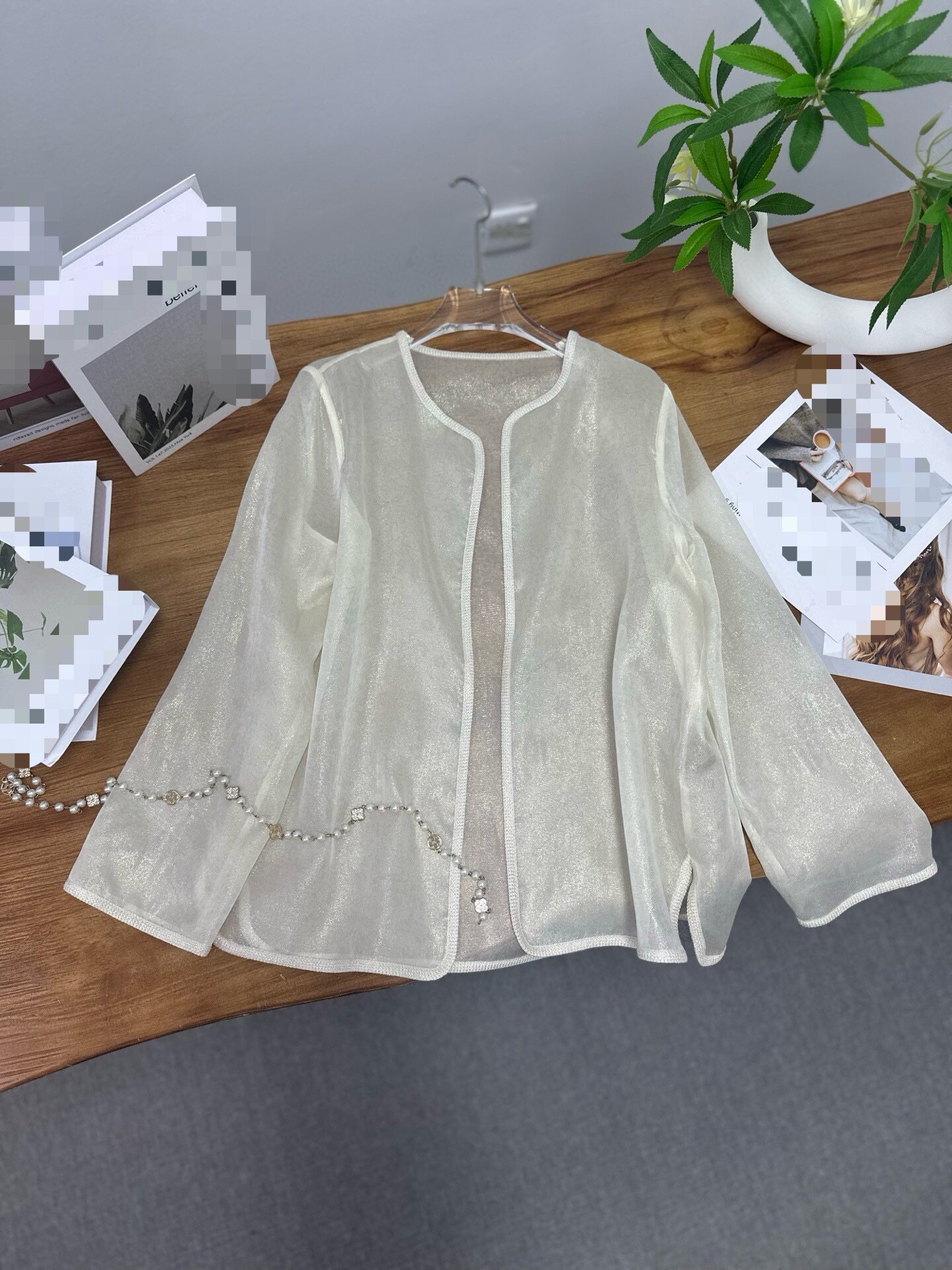 桑蚕丝无扣包边印花小中长款外套百搭圆领薄款防晒长袖衬衫女上衣