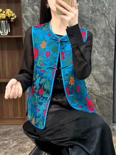 新中式国风重磅漳绒七彩缠枝牡丹马甲新中式国风圆领盘扣气质上衣