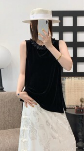 真丝丝绒拼接领口真丝香云纱龟裂短袖T恤新中式国风圆领盘扣上衣