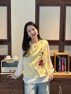 人丝石榴提花花瓣门襟珠绣花朵马甲新中式国风盘扣宽松显瘦马甲裙