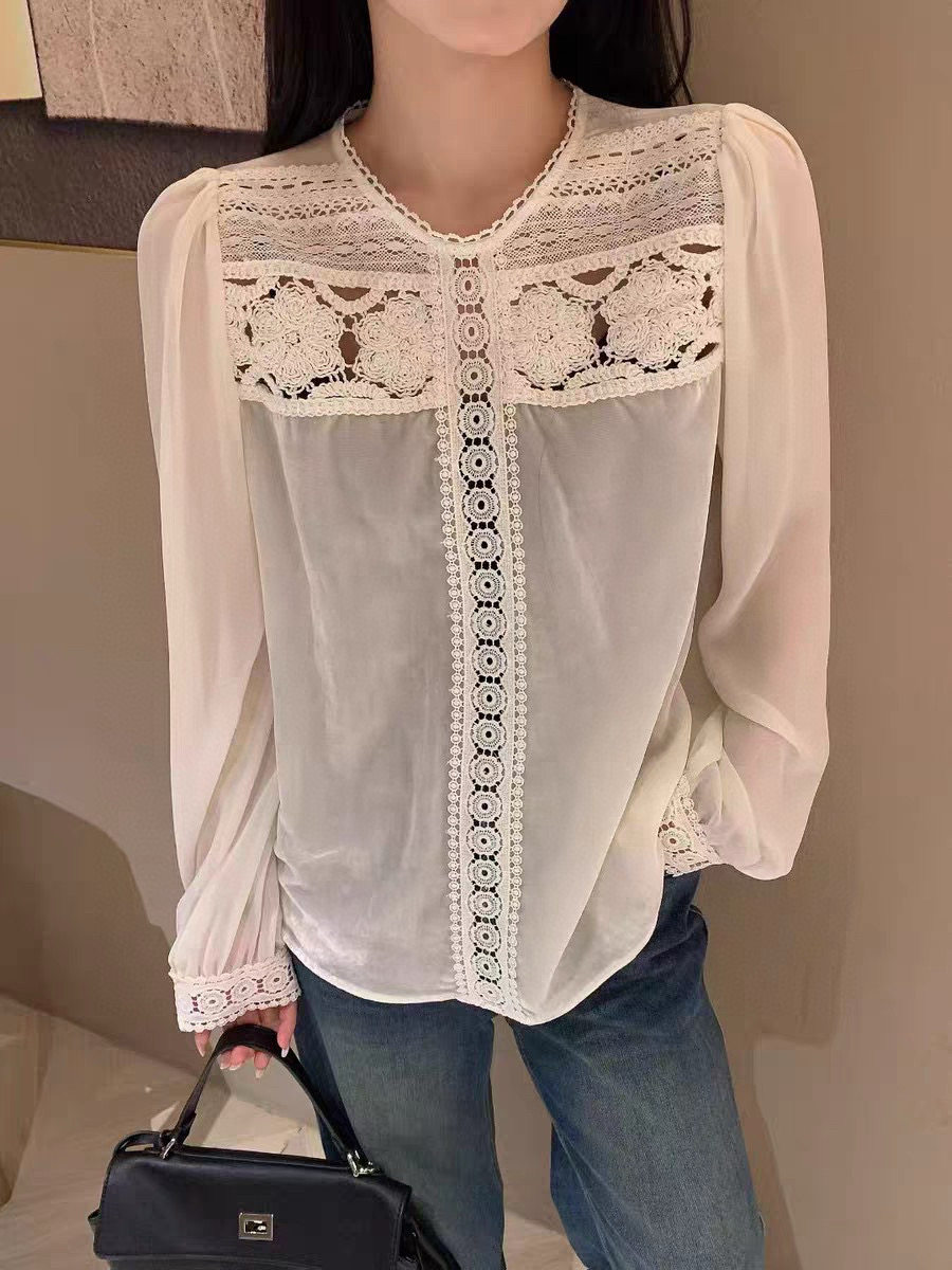 2026春季新品法式复古镂空蕾丝拼接真丝丝绒灯笼袖上衣,女装/女士精品,上衣,淘宝优惠券,粉丝福利购,淘宝优惠卷