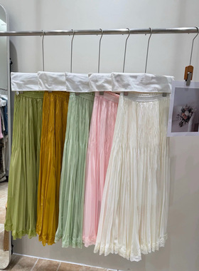 新款松紧腰显瘦中长款褶皱设计纯色百搭半身裙女半身裙