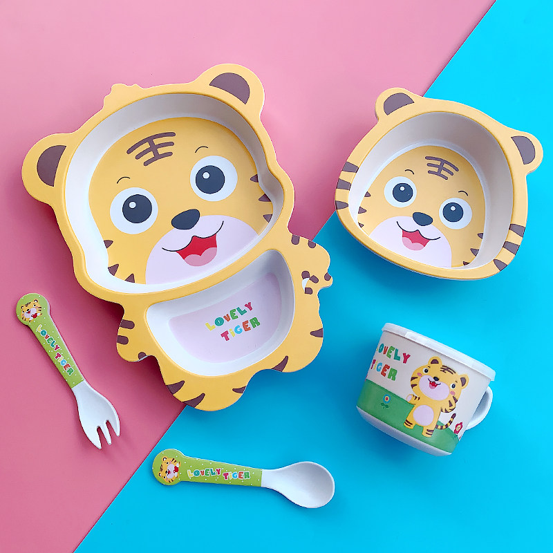 卡通竹纤维儿童餐具可爱老虎分格餐盘小孩子辅食饭碗宝宝汤碗杯勺