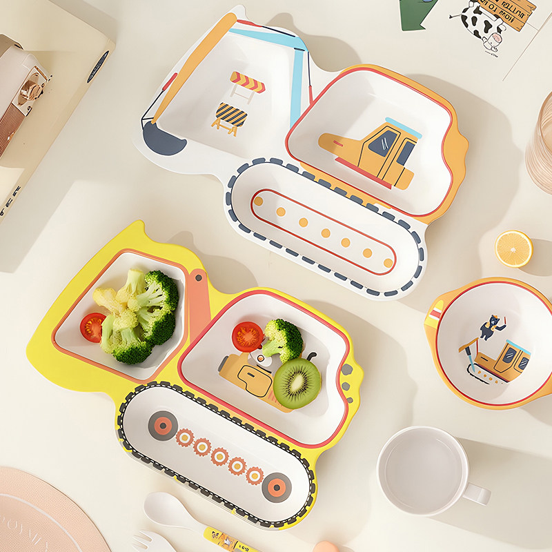 卡通竹纤维植物餐具家用儿童分格餐盘宝宝辅食饭碗小孩学吃饭勺叉