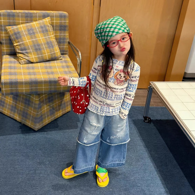 26春夏新款童装女童卡通印花长袖T恤打底衫儿童韩版假两件牛仔裤