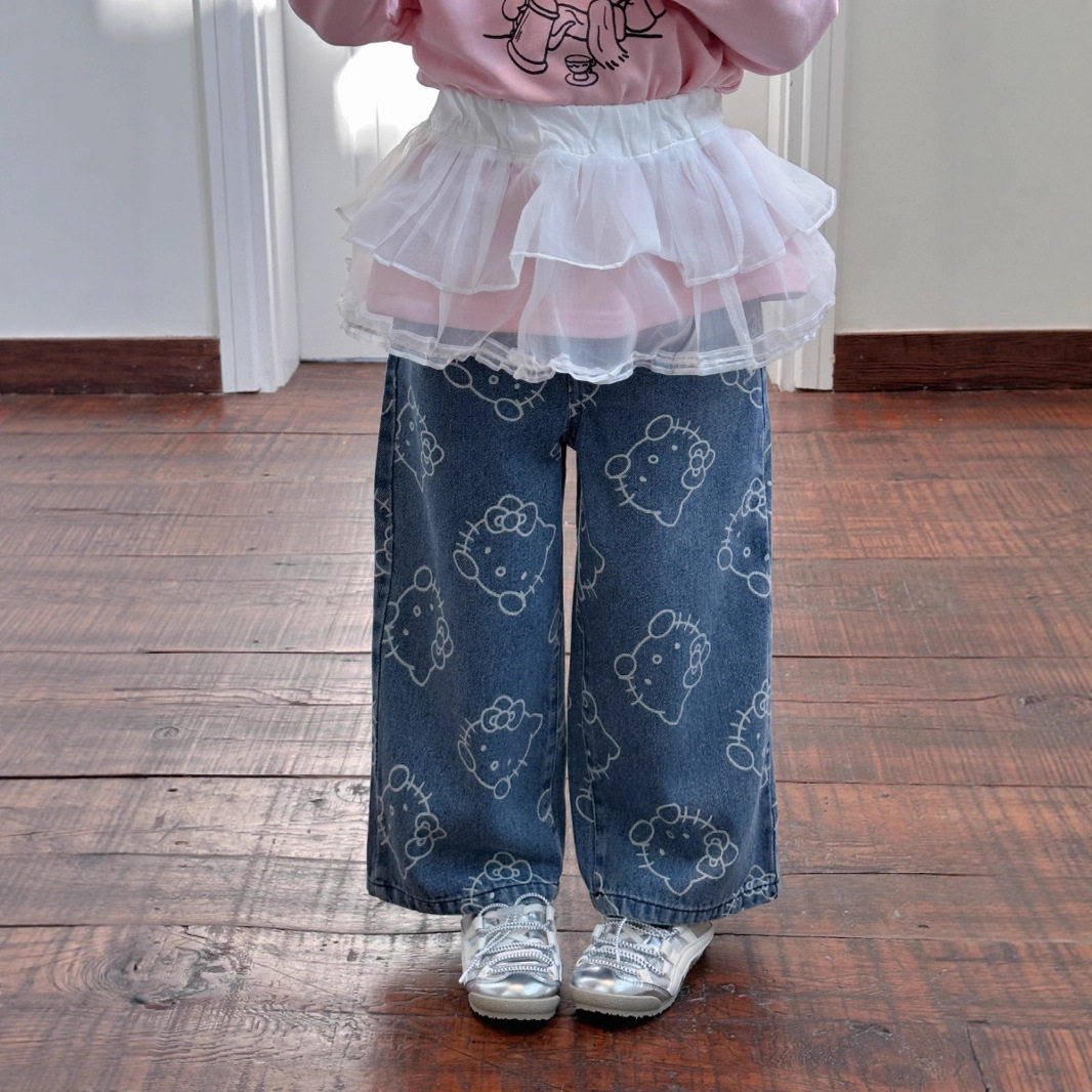 2025秋季童装韩系卡通牛仔裤女童中小童裤子KT猫牛仔阔腿长裤