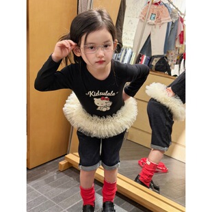 女童春装新款KT猫长袖T恤芭蕾风上衣牛仔中裤套装女宝洋气两件套