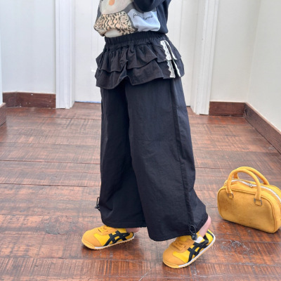 春秋装童装韩系工装裤女童中小童韩系蕾丝花边屁帘裤子阔腿长裤
