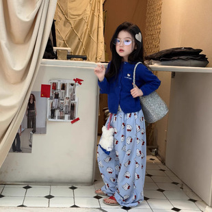 26春夏童装女童针织开衫KT猫印花阔腿裤儿童长袖毛衣碎花棉布裤子