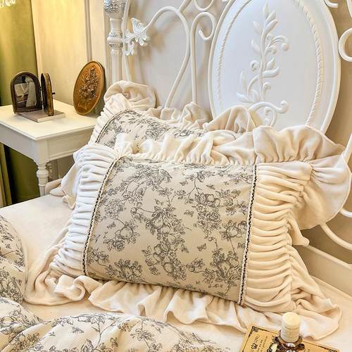 牛奶绒加厚韩式花边枕套一对装