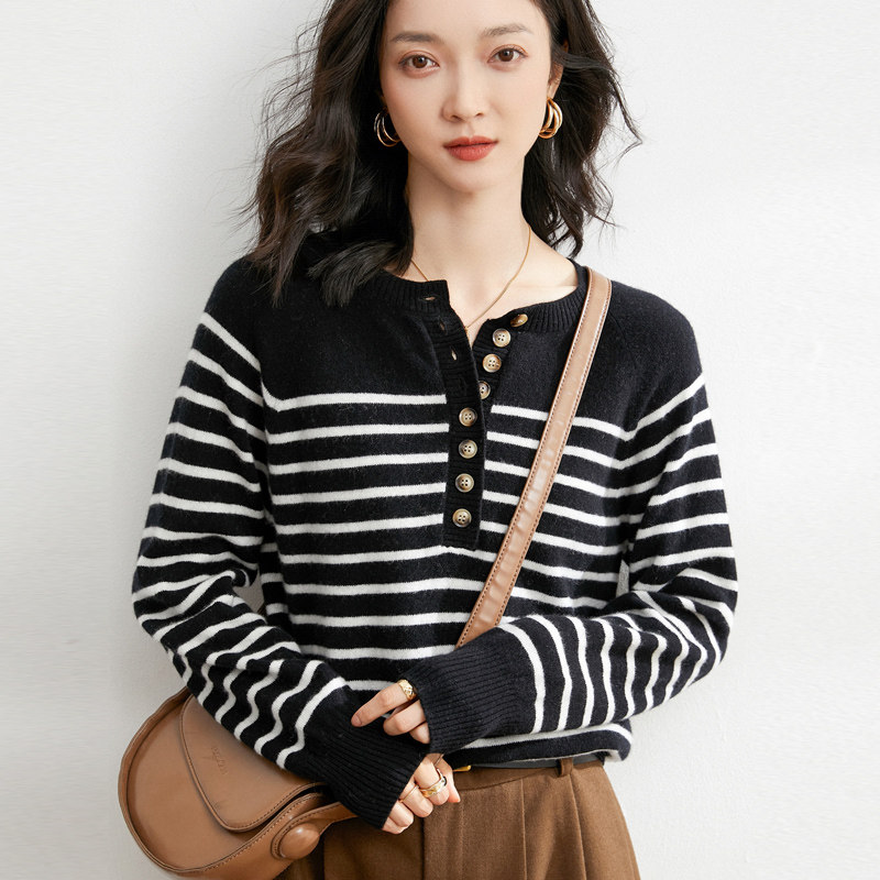 秋冬100%纯羊毛圆领条纹长袖休闲大码内搭外穿女士羊毛衫2202