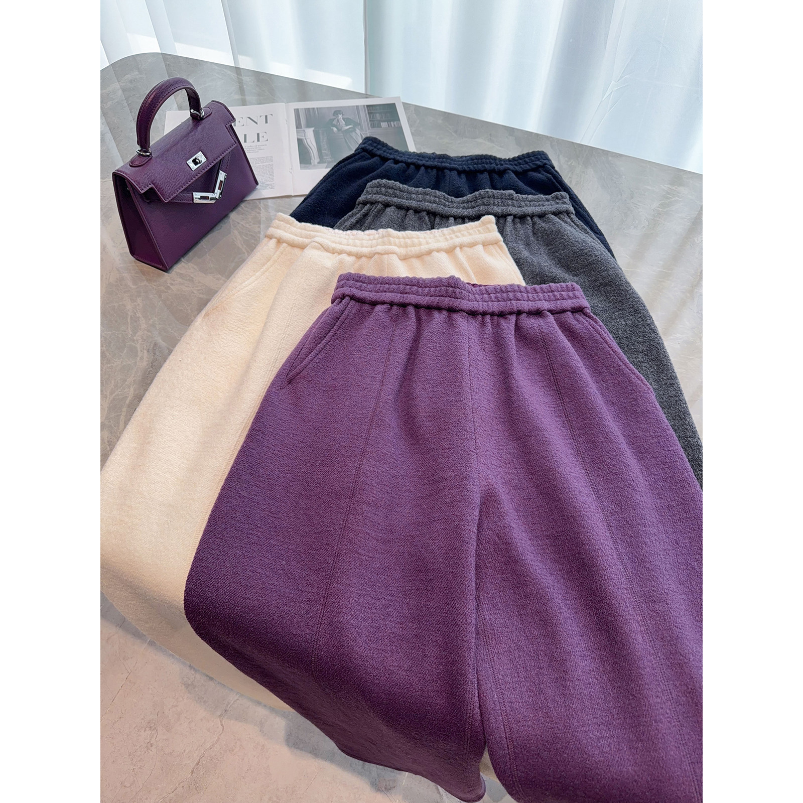 松驰柔软！保暖百搭肌理感强缩羊毛立裁松紧腰直筒阔腿裤拖地长裤,女装/女士精品,休闲裤,淘宝优惠券,粉丝福利购,淘宝优惠卷