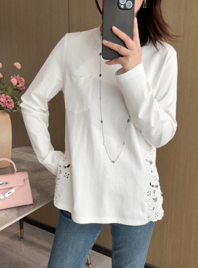 精致有亮点！法式设计感 镂空刺绣侧开叉中长款白色全棉长袖T恤女