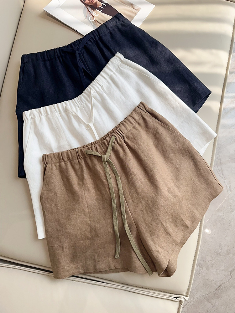 日系腔调！极简百搭 舒适透气亚麻抽绳松紧腰A字阔腿休闲短裤热裤