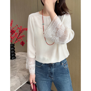 圆领打底上衣衬衫 轻奢高级感 真丝丝绒新中式 钉珠喇叭袖 仙美精致