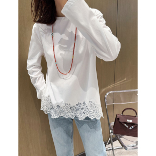 打底衫 叠穿CHAO加分 精美百搭镂空蕾丝刺绣拼接双开叉圆领T恤长袖