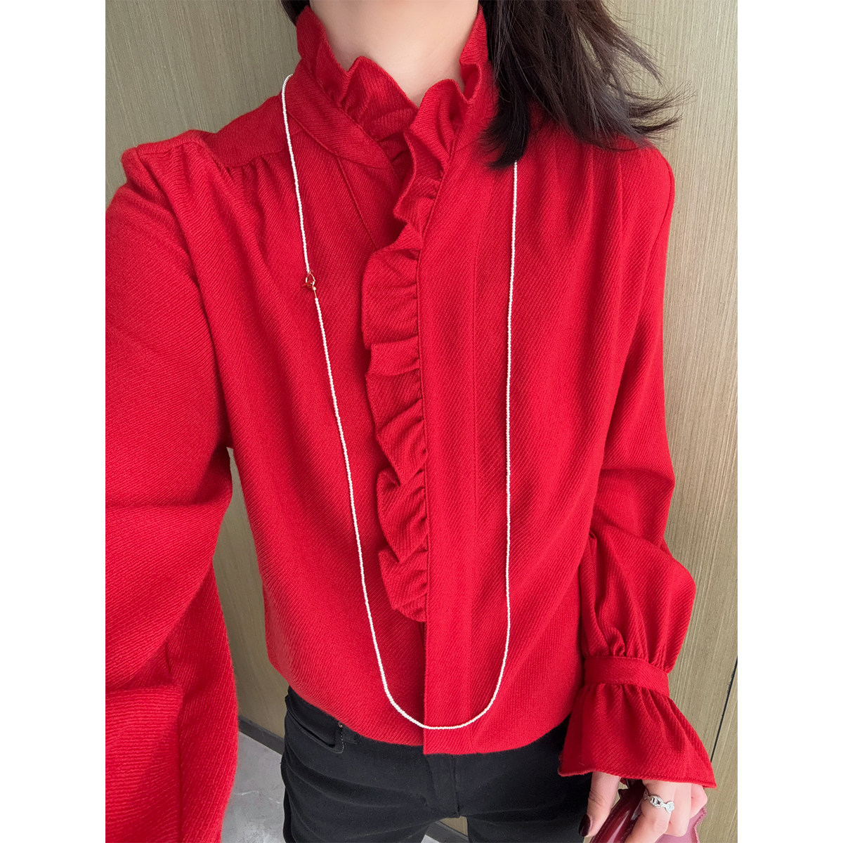 宫廷气质！新年红花边立领斜纹羊毛法式长袖衬衫木耳边打底上衣女,女装/女士精品,衬衫,淘宝优惠券,粉丝福利购,淘宝优惠卷