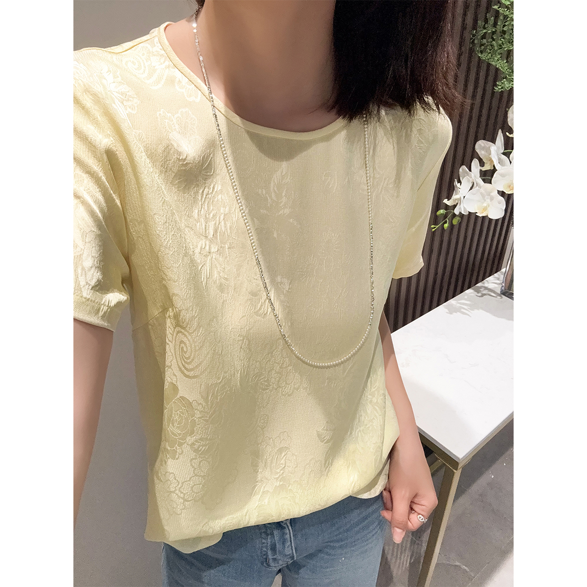 重磅高品质！气质高级 花罗冠乐绉真丝提花黄色国风短袖衬衫上衣
