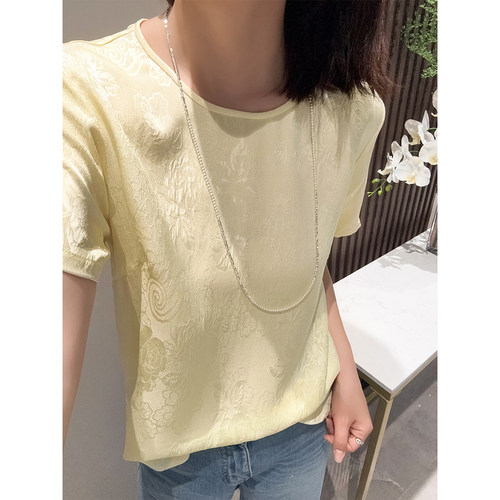 重磅高品质！气质高级 花罗冠乐绉真丝提花黄色国风短袖衬衫上衣