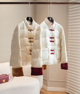 特！原899 新年战袍撞色丝绒袖醋酸提花新中式盘扣短款鹅绒羽绒服