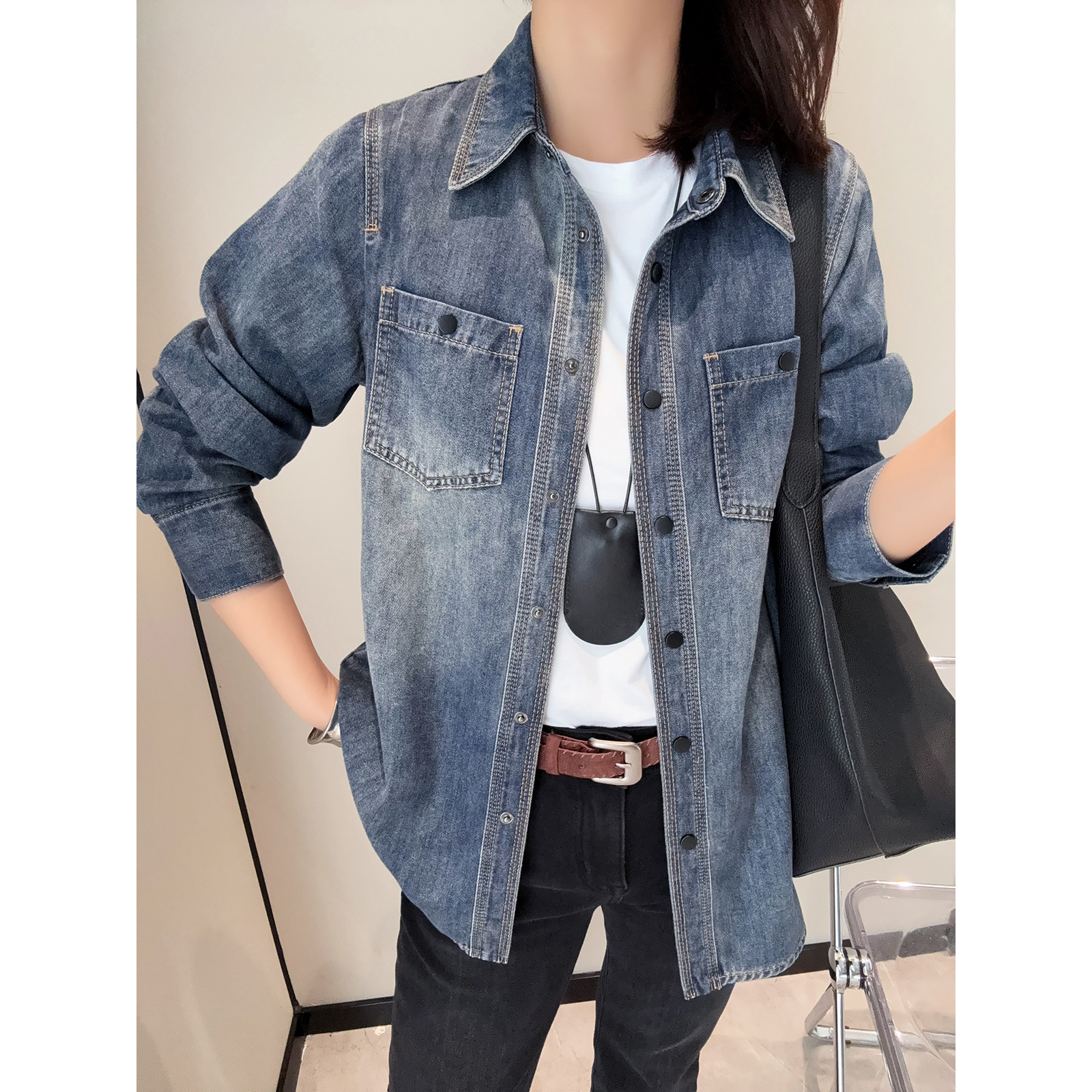 宝藏单品!经典百搭明线装饰复古做旧单排扣休闲牛仔衬衫叠穿上衣