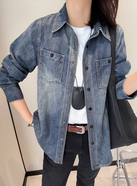 宝藏单品！经典百搭明线装饰复古做旧单排扣休闲牛仔衬衫叠穿上衣