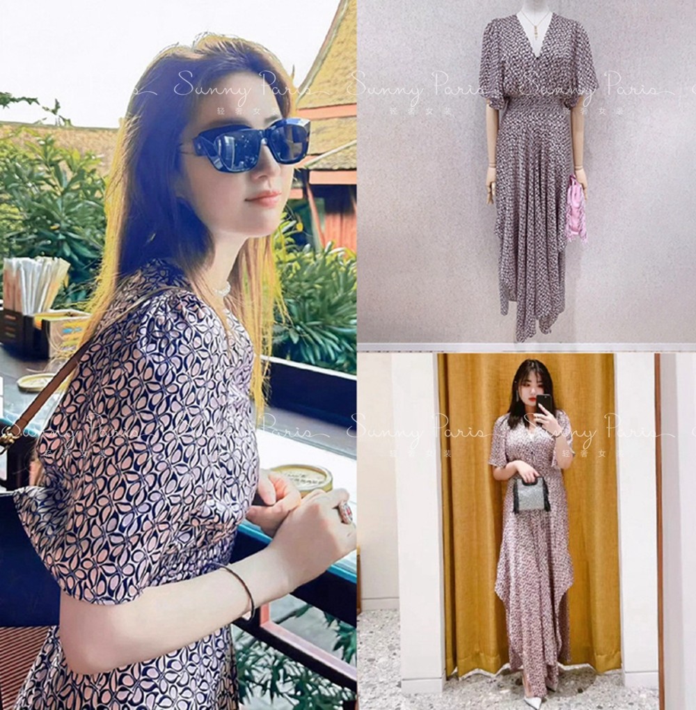 24春夏MJ法式V领碎花印花收腰不规则连衣裙长裙MFPRO03465