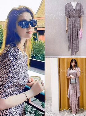 24春夏mj*法式V领碎花印花收腰不规则连衣裙长裙MFPRO03465