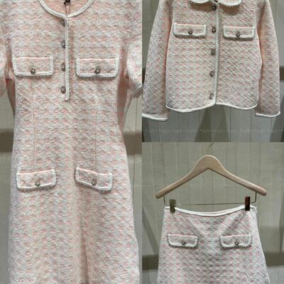 25春夏Mj*法式时尚甜美小香风拼色千鸟格针织外套+半裙+连衣裙