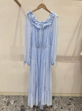 25春夏M@JE法式优雅一字肩褶边收腰雪纺飘逸长裙连衣裙MFPR**941