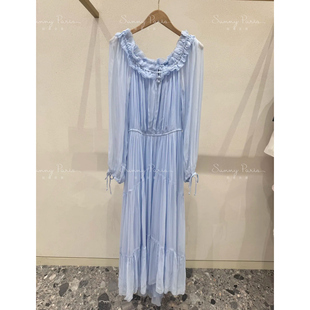 25春夏M@JE法式 941 优雅一字肩褶边收腰雪纺飘逸长裙连衣裙MFPR