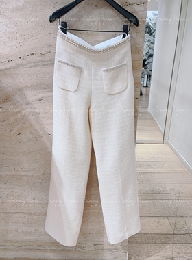 24春夏新款SD法式小香风珠饰边饰粗花呢高腰休闲长裤SFPPA01346