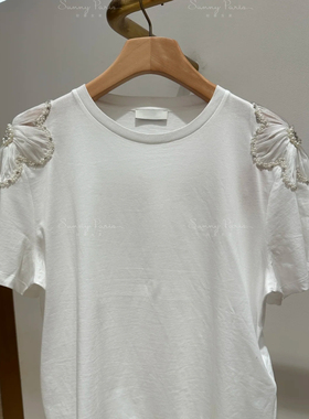 25春夏S@NDRO法式珍珠水钻绣花纯棉圆领短袖T恤短上衣SFPTS01581
