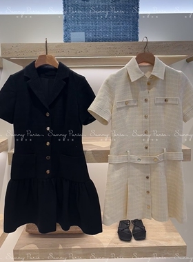 24秋冬S法式通勤收腰短袖翻领小黑裙短款连衣裙