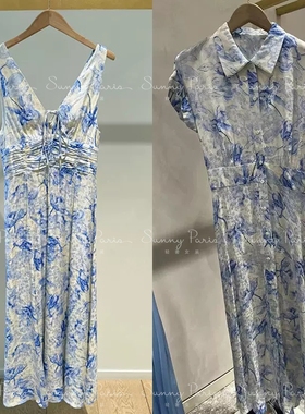 25春夏M@JE法式时尚小清新V领收腰修身长款印花连衣裙MFPRO04124