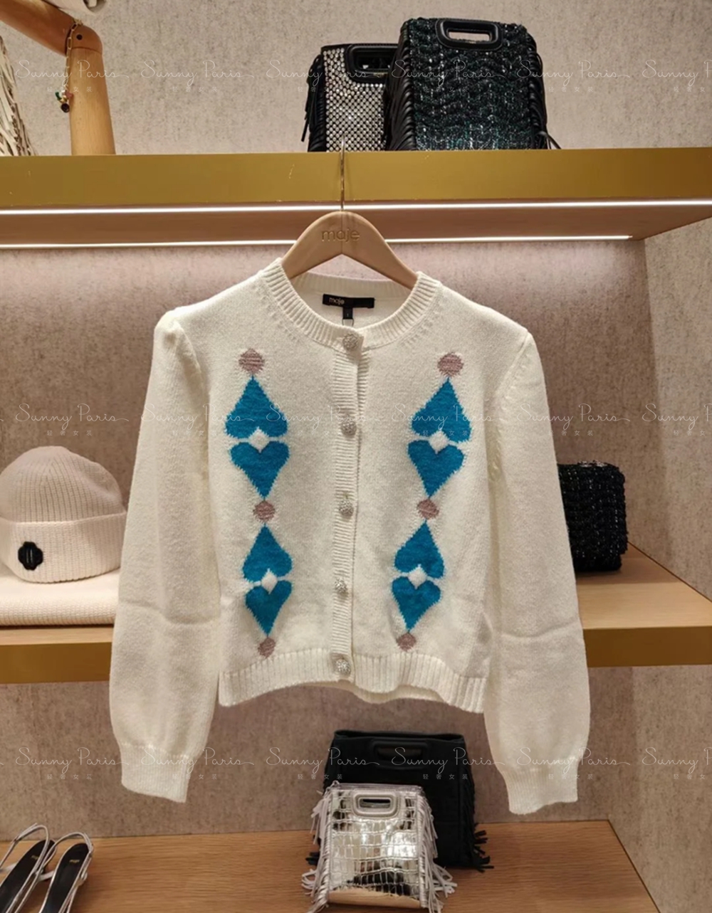 23秋冬新款MJ法式甜美爱心图案针织开衫上衣女装MFPCA00470