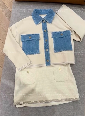 24春夏新款SD法式休闲牛仔拼接单排扣针织开衫短外套SFPCA00914